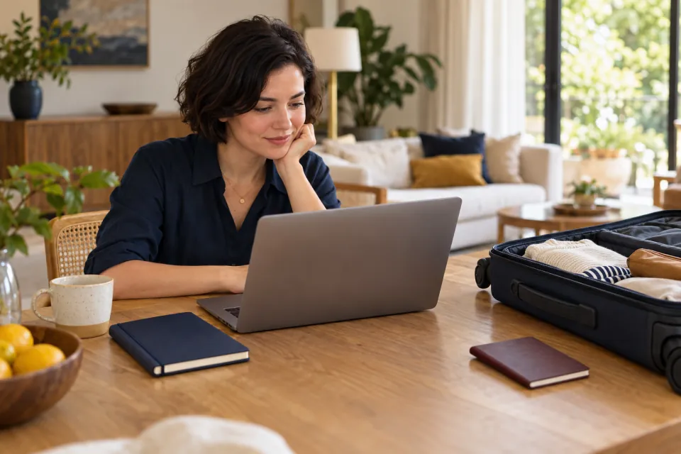 American traveler checking application preparation with a laptop and blank notebook