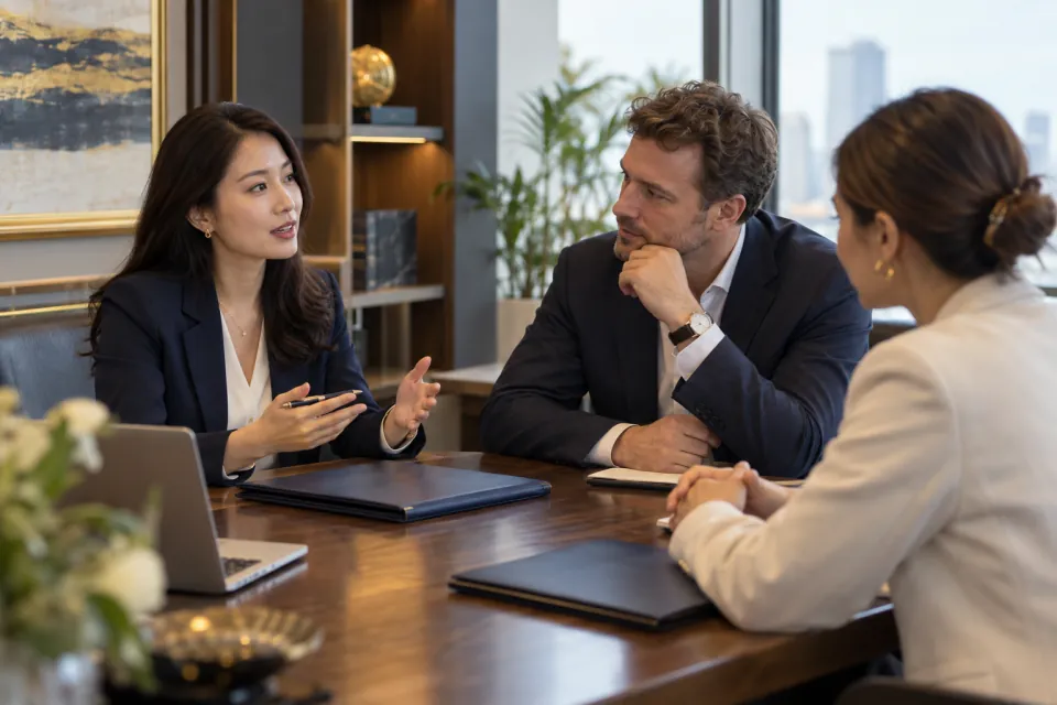 Vietnamese corporate filings consultant and foreign investor discussing a capital transfer at an office desk with closed folders