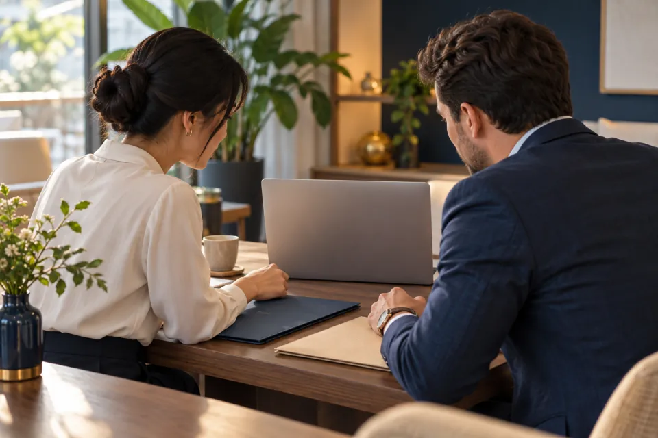 Vietnamese accountant and foreign business owner reviewing invoices turned away from camera at a laptop