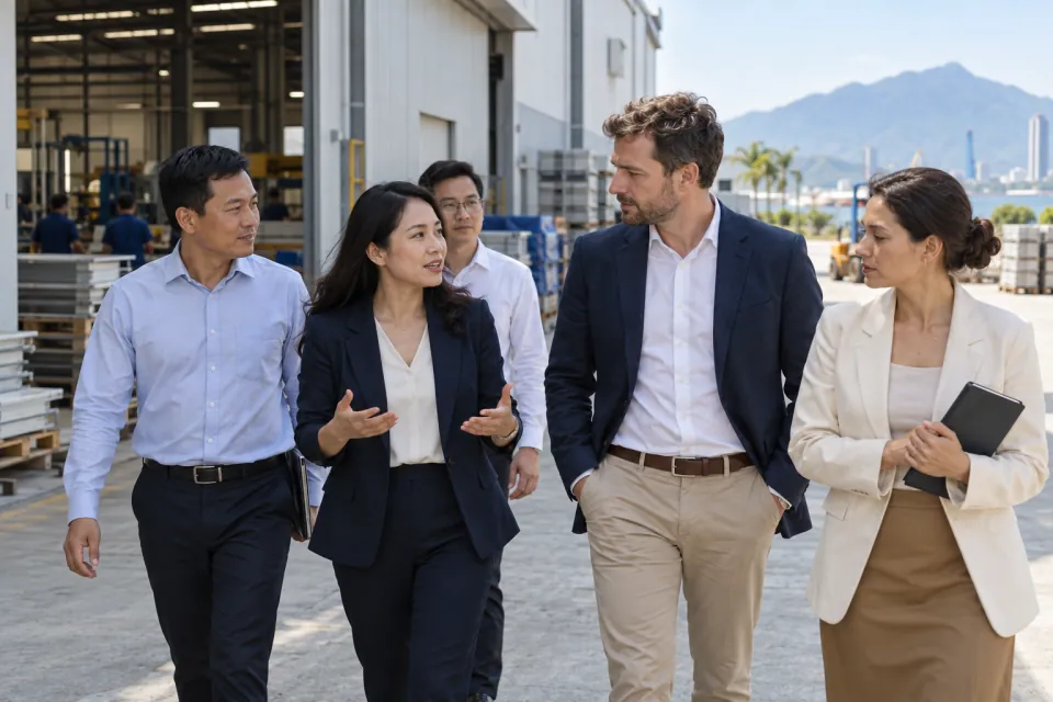 Foreign investor and Vietnamese consultant visiting an unbranded factory exterior in a Da Nang industrial park