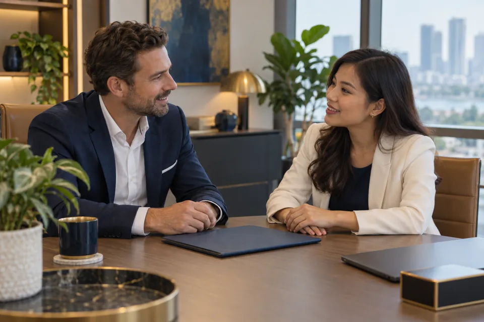 Foreign investor and Vietnamese consultant planning a company budget at an office desk