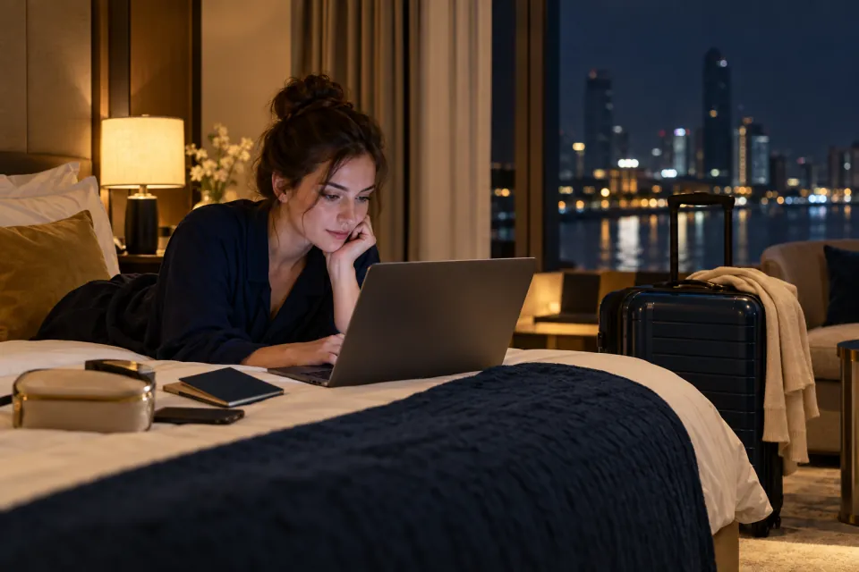 Traveler using a laptop late at night beside a packed carry-on bag