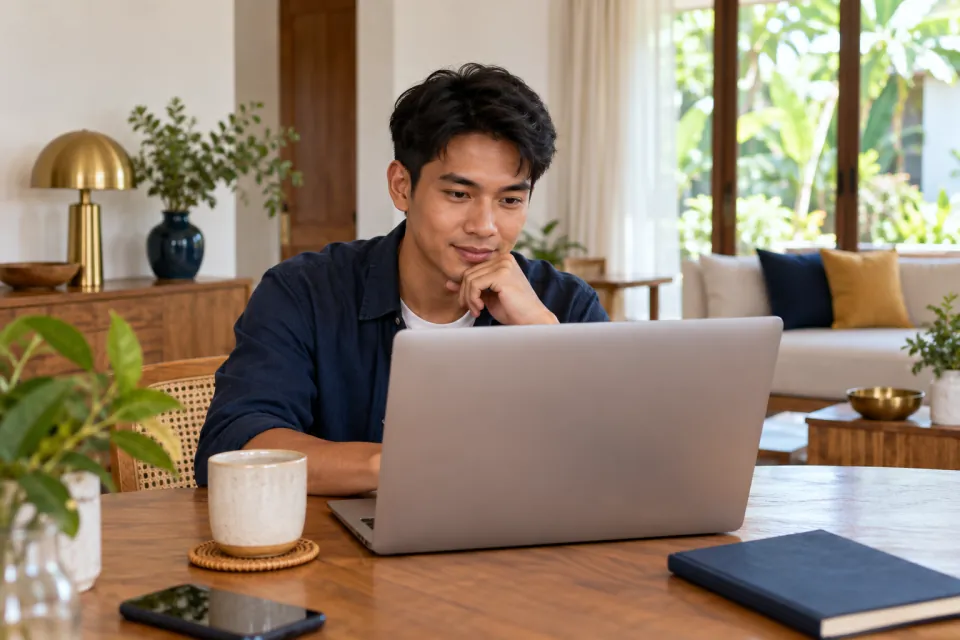 Traveler comparing websites on a laptop with the screen facing away from camera