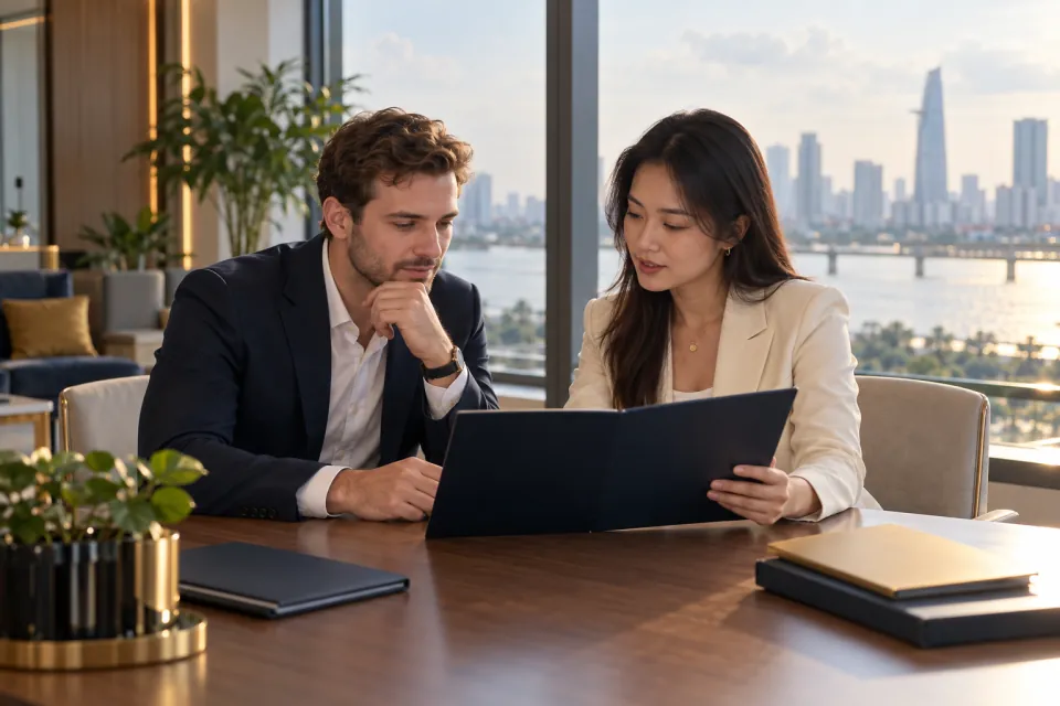 Foreign founder and Vietnamese consultant reviewing a company setup dossier beside a river-view office window
