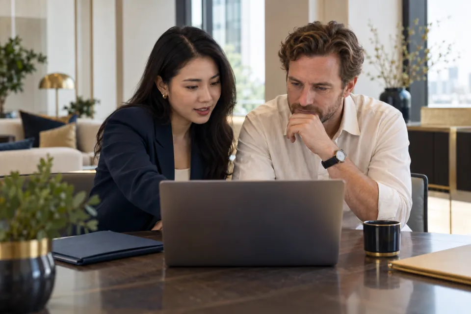 Vietnamese tax adviser and foreign company owner reviewing financial spreadsheets on a laptop with screen out of focus