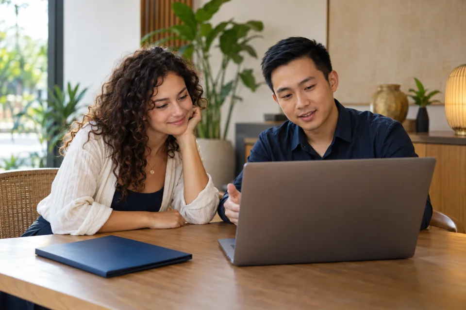 Traveler and Vietnamese adviser preparing an online Vietnam travel application at a laptop