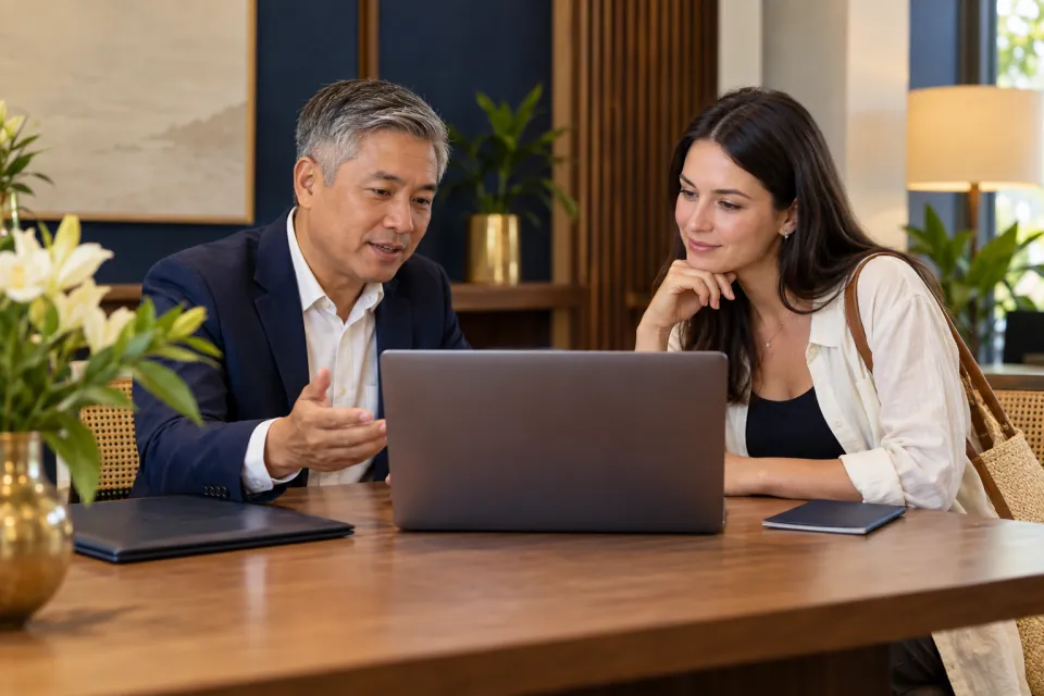 Traveler and Vietnamese adviser preparing an online Vietnam travel application at a laptop