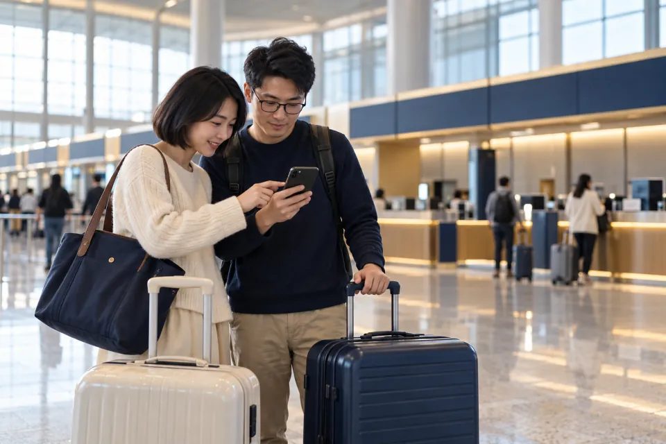 Chinese travelers checking a phone beside luggage at a contemporary airport check-in area without signage