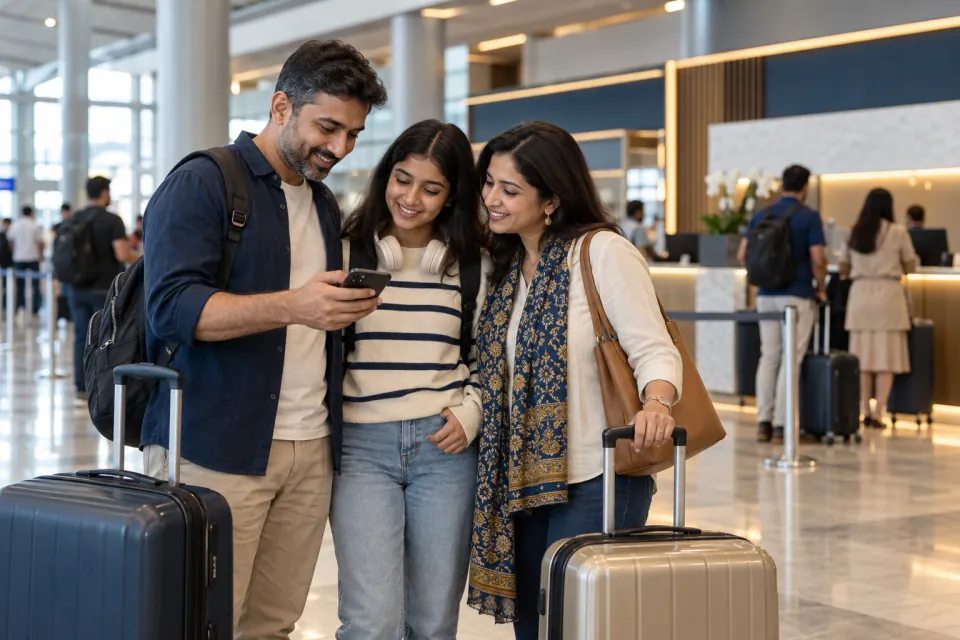 Indian travelers checking a phone beside luggage at a contemporary airport check-in area without signage