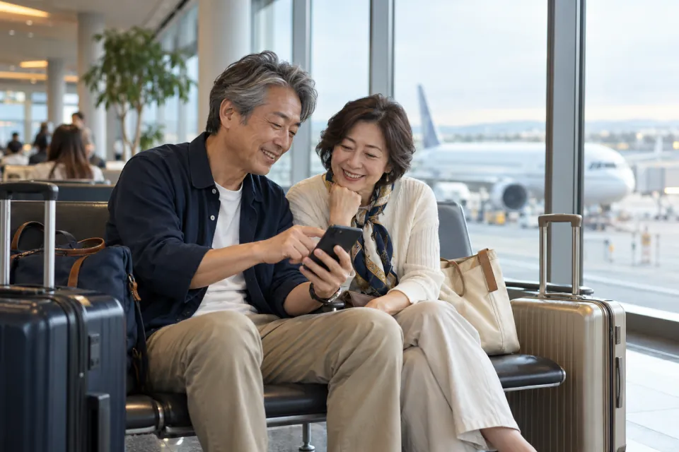 Japanese travelers checking a phone beside luggage at a contemporary airport check-in area without signage
