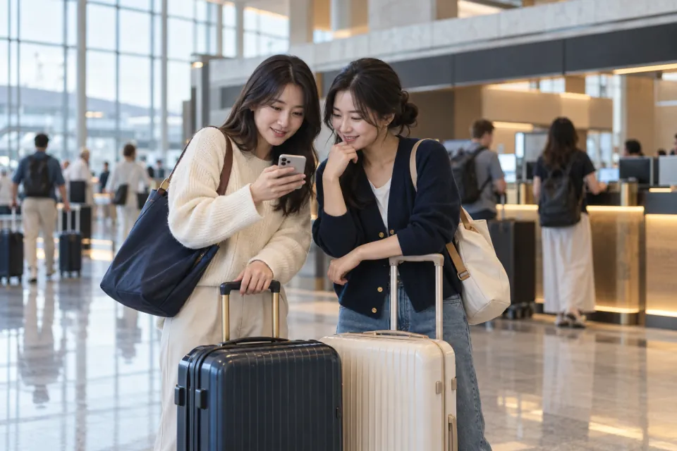Korean travelers checking a phone beside luggage at a contemporary airport check-in area without signage
