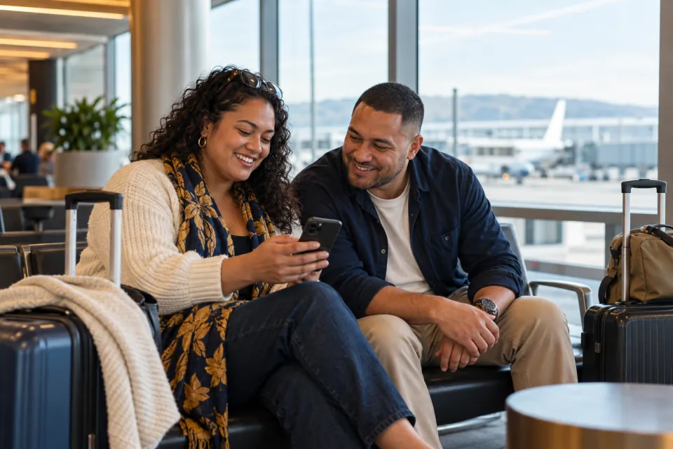 New Zealand travelers checking a phone beside luggage at a contemporary airport check-in area without signage