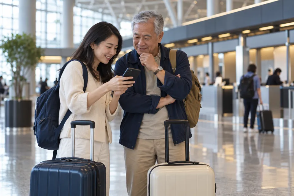 Taiwan travelers checking a phone beside luggage at a contemporary airport check-in area without signage