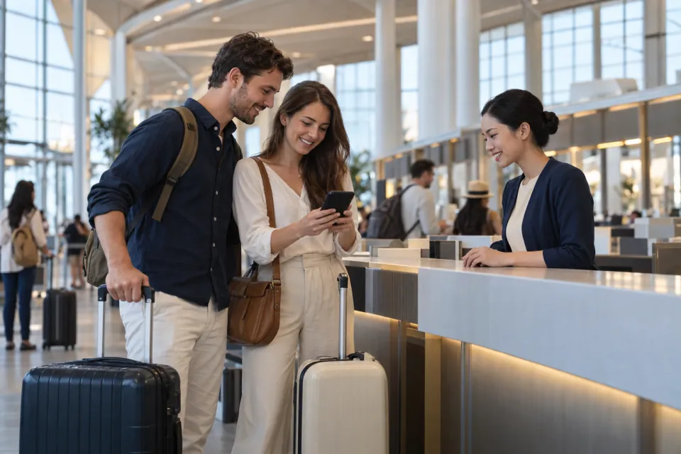 UK travelers checking a phone beside luggage at a contemporary airport check-in area without signage