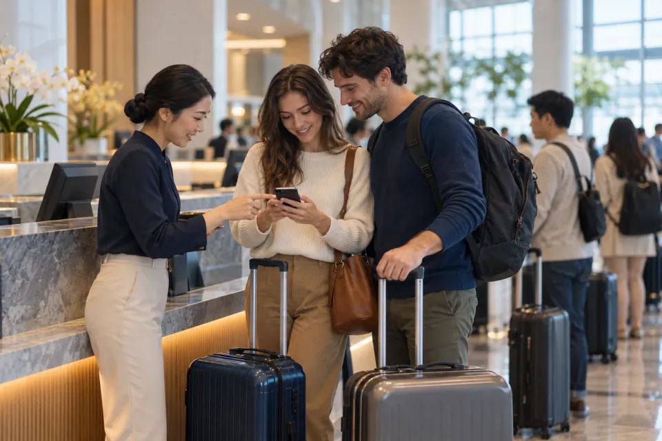 US travelers checking a phone beside luggage at a contemporary airport check-in area without signage