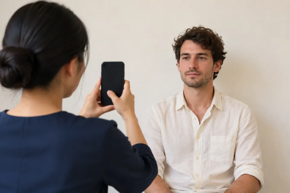 Traveler sitting against a plain ivory wall while a companion takes a portrait with a phone