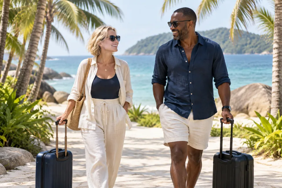 American couple arriving at a palm-lined Phu Quoc beach with carry-on bags