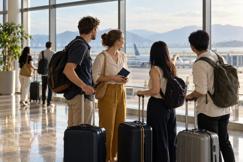 Travelers with luggage planning their Vietnam arrival beside large airport windows without signs
