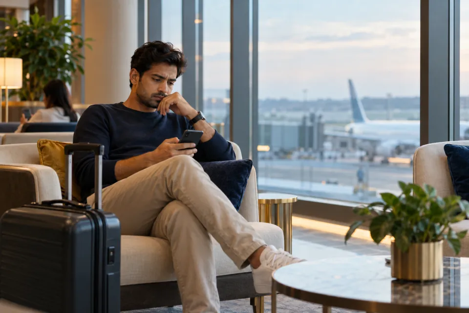 Traveler checking a phone while waiting with luggage in a quiet airport lounge