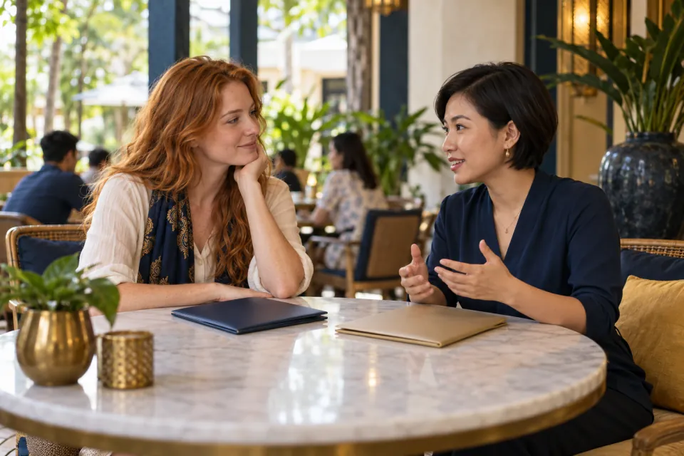American traveler discussing Vietnam travel requirements with a Vietnamese adviser