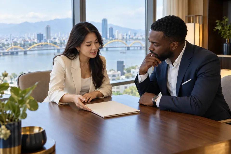 Foreign founder and Vietnamese consultant reviewing a company setup dossier beside a river-view office window