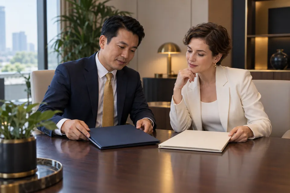 Vietnamese consultant and foreign entrepreneur comparing two closed registration folders at a desk