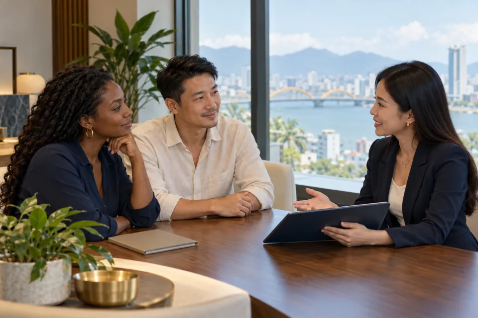Foreign resident and Vietnamese adviser discussing long-term housing and residence at a Da Nang office