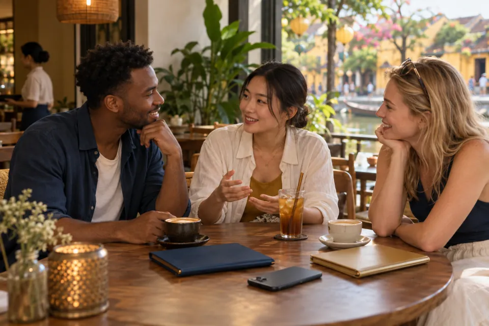 Diverse friends planning the duration of their Vietnam trip at a cafe table