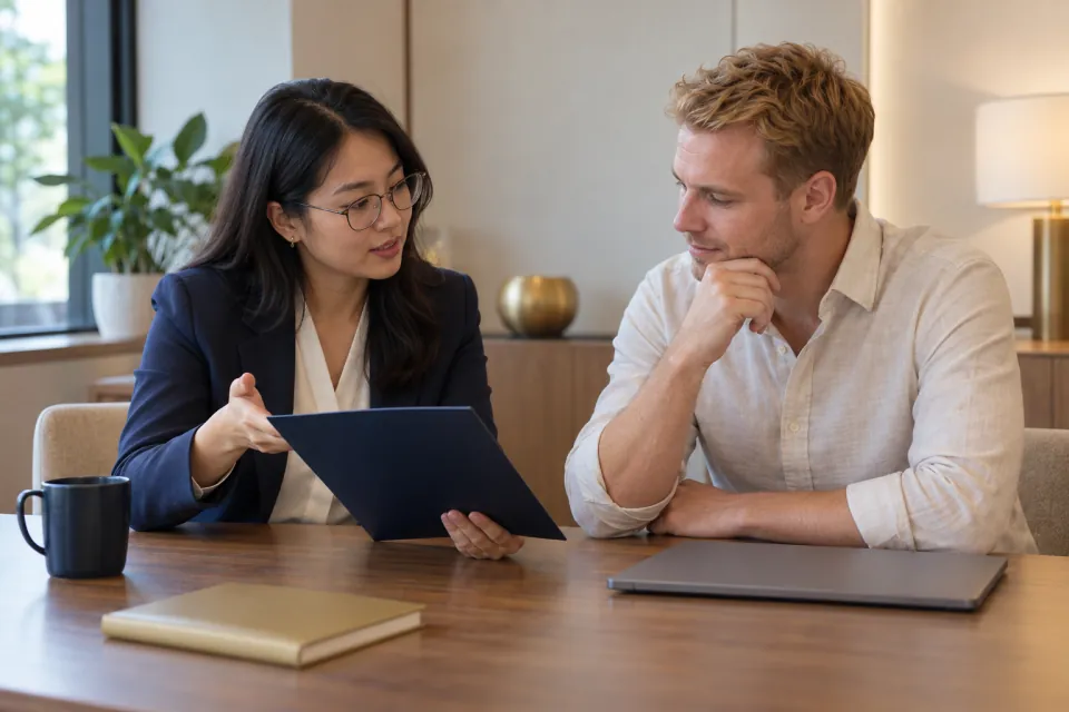 HR manager and foreign employee discussing employment paperwork and costs at a desk