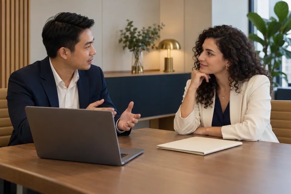 Vietnamese HR adviser and foreign specialist reviewing employment eligibility in a modern office