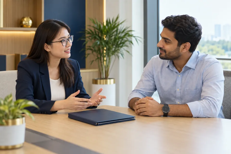 Vietnamese HR manager and foreign employee reviewing a closed employment dossier in an office