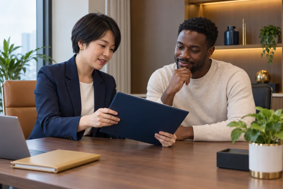 Vietnamese HR manager and foreign employee reviewing a closed employment dossier in an office