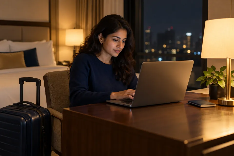 Traveler filling an online form on a laptop at night beside a packed carry-on bag