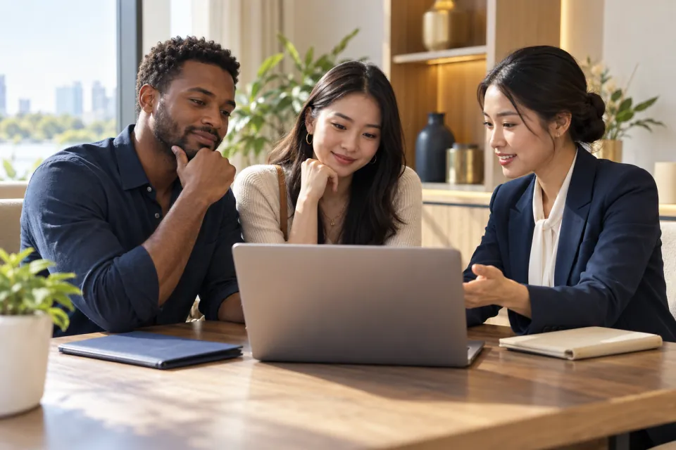 Diverse travelers and Vietnamese adviser discussing travel eligibility at a laptop