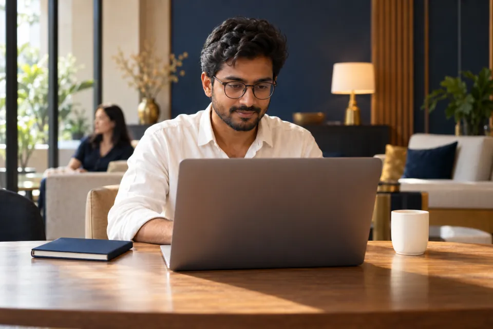 Traveler calculating application costs at a laptop with a blank notebook