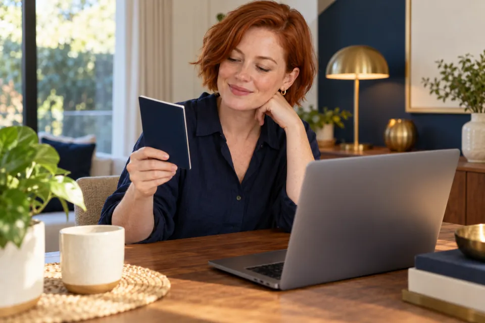 Traveler checking a closed plain travel booklet beside a laptop without visible details
