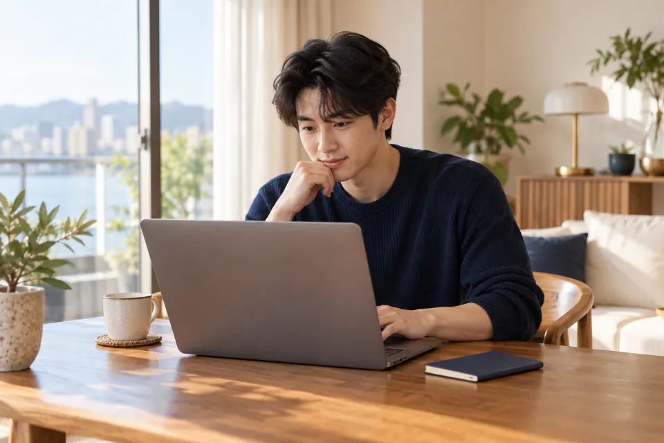 Traveler checking trip eligibility on a laptop at home